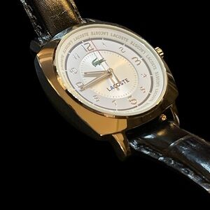 Lacoste Silver-Tone Case Watch with White Dial and Black Strap